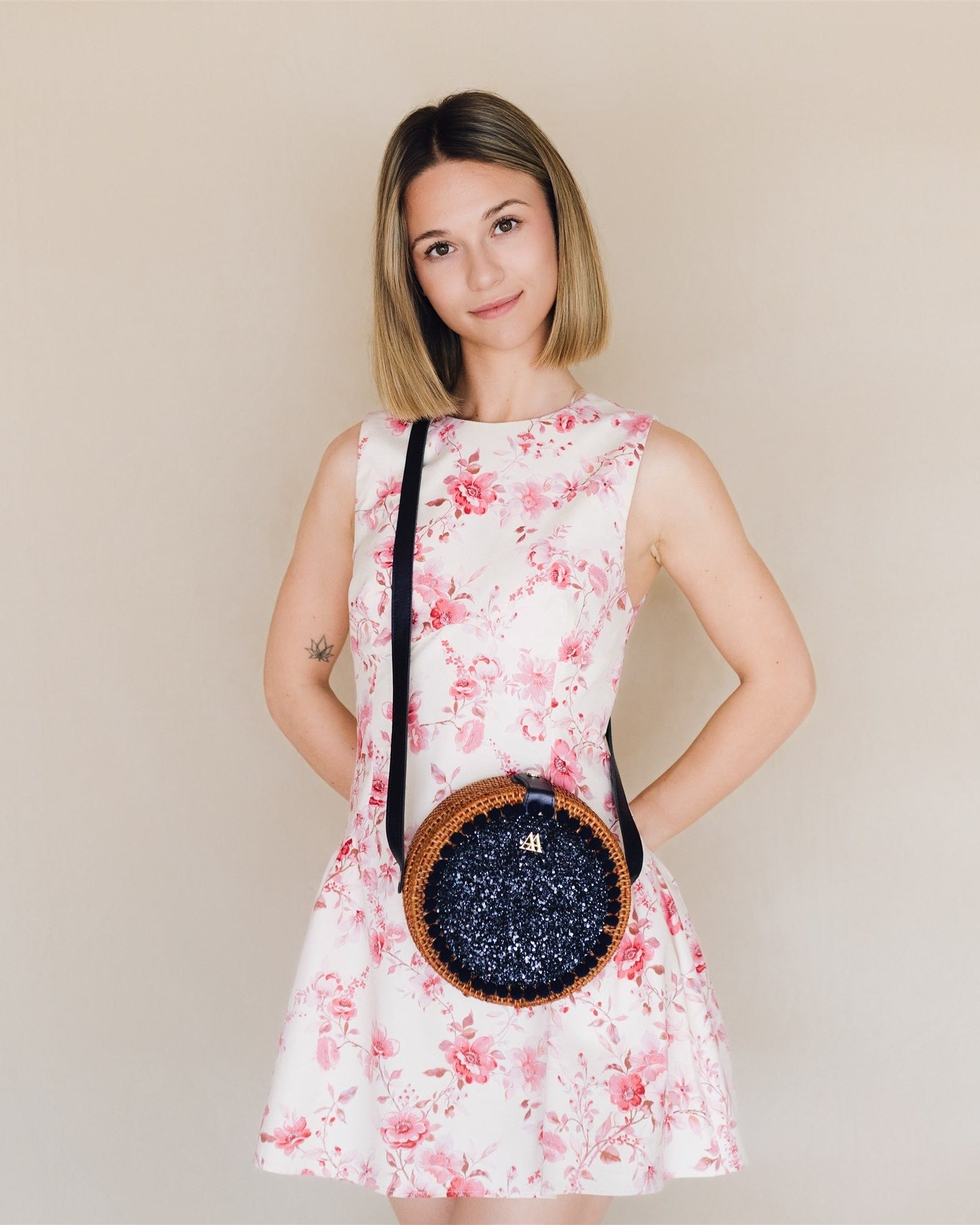 Pink Round Woven Bag with Navy Glitter
