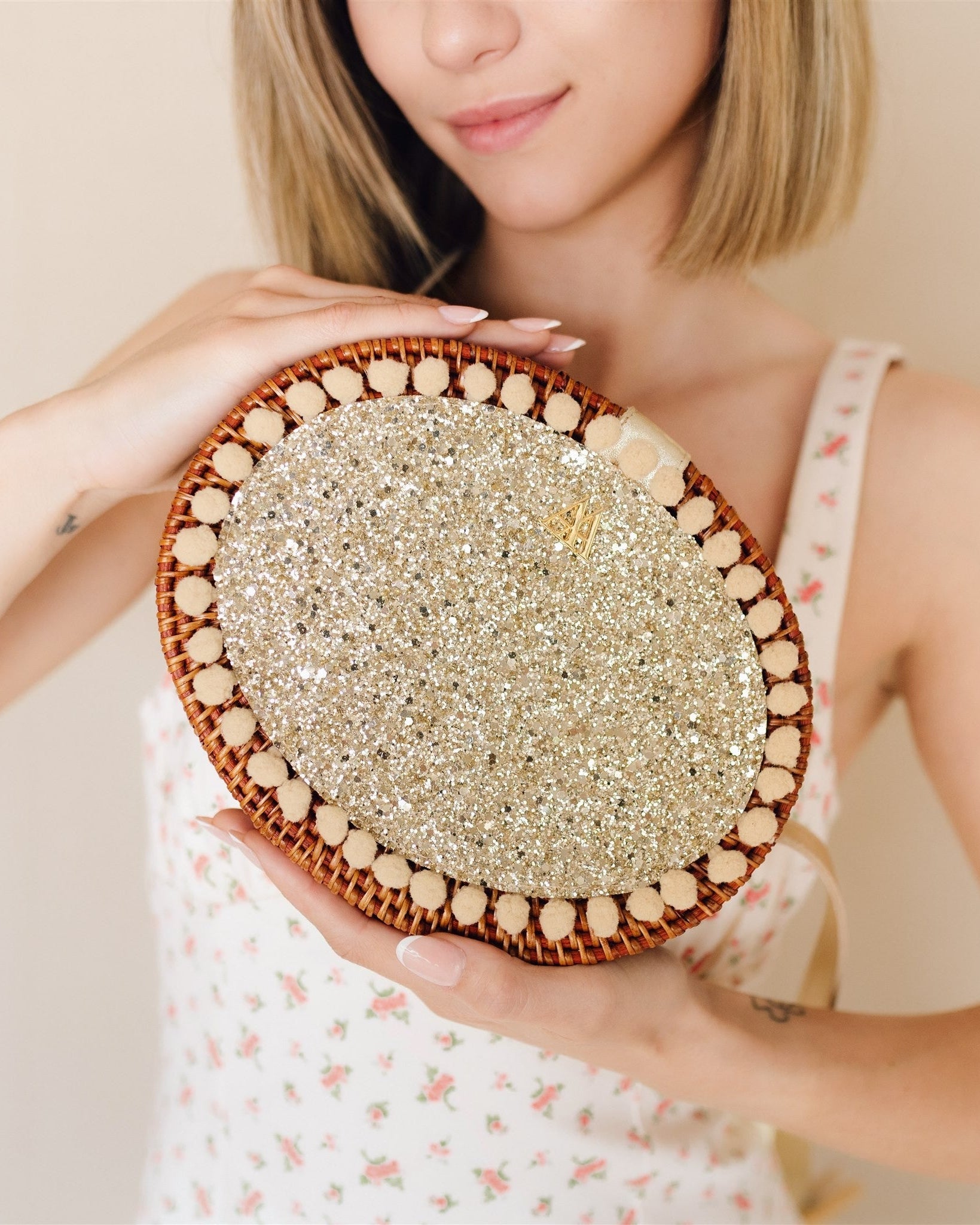 Rosario Oval Woven Bag with Platinum Glitter