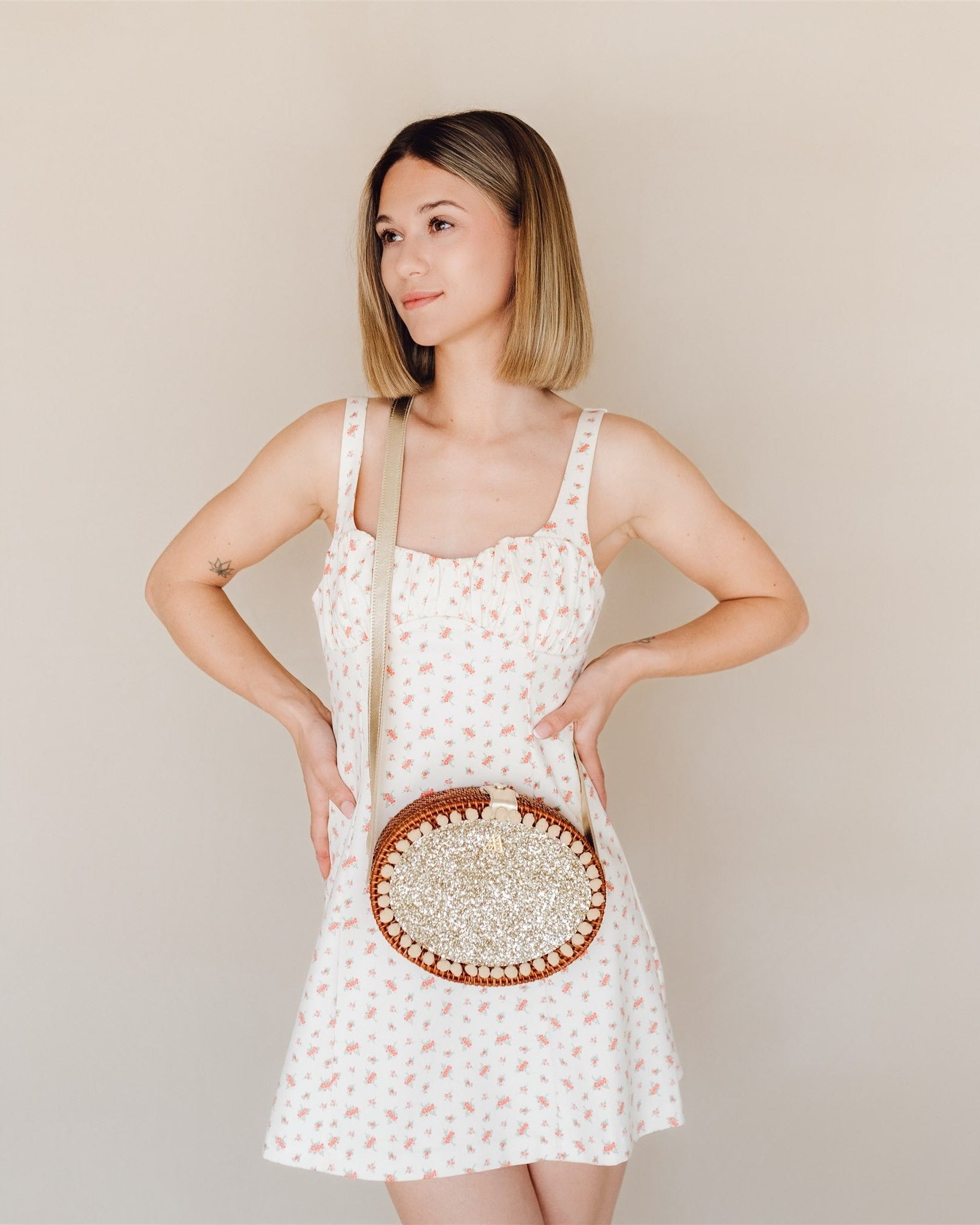 Rosario Oval Woven Bag with Platinum Glitter