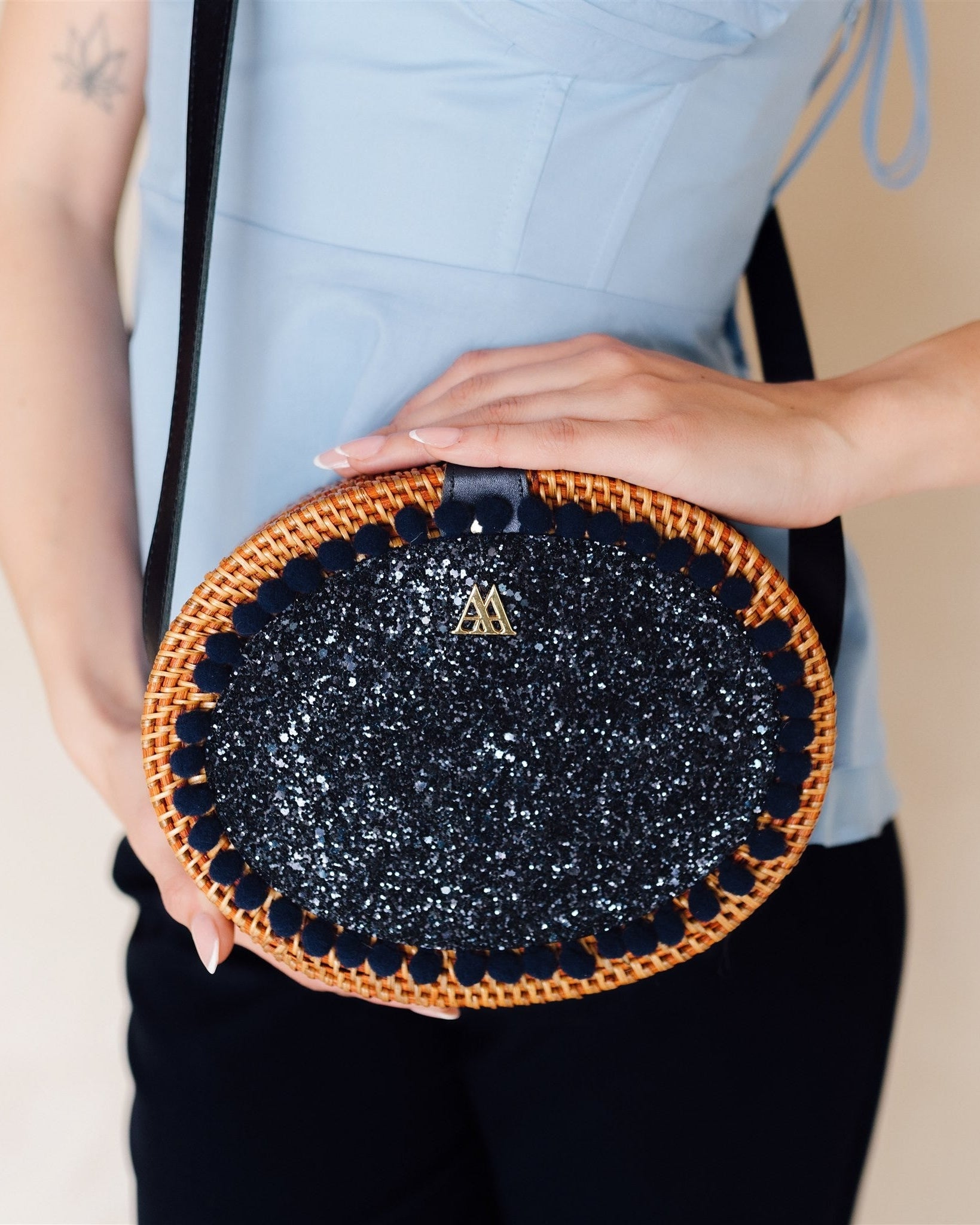 Rosario Oval Woven Bag with Navy Glitter