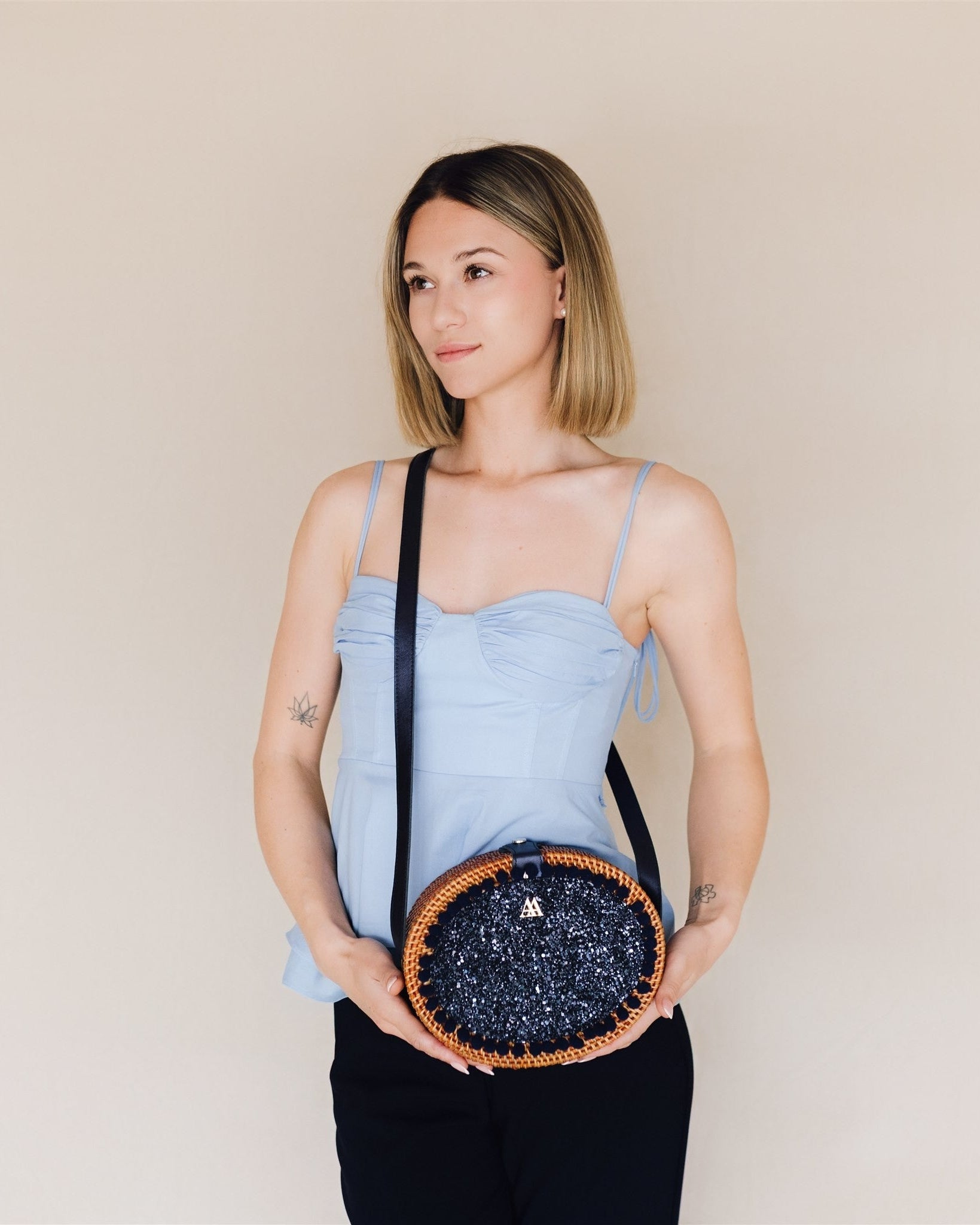 Rosario Oval Woven Bag with Navy Glitter