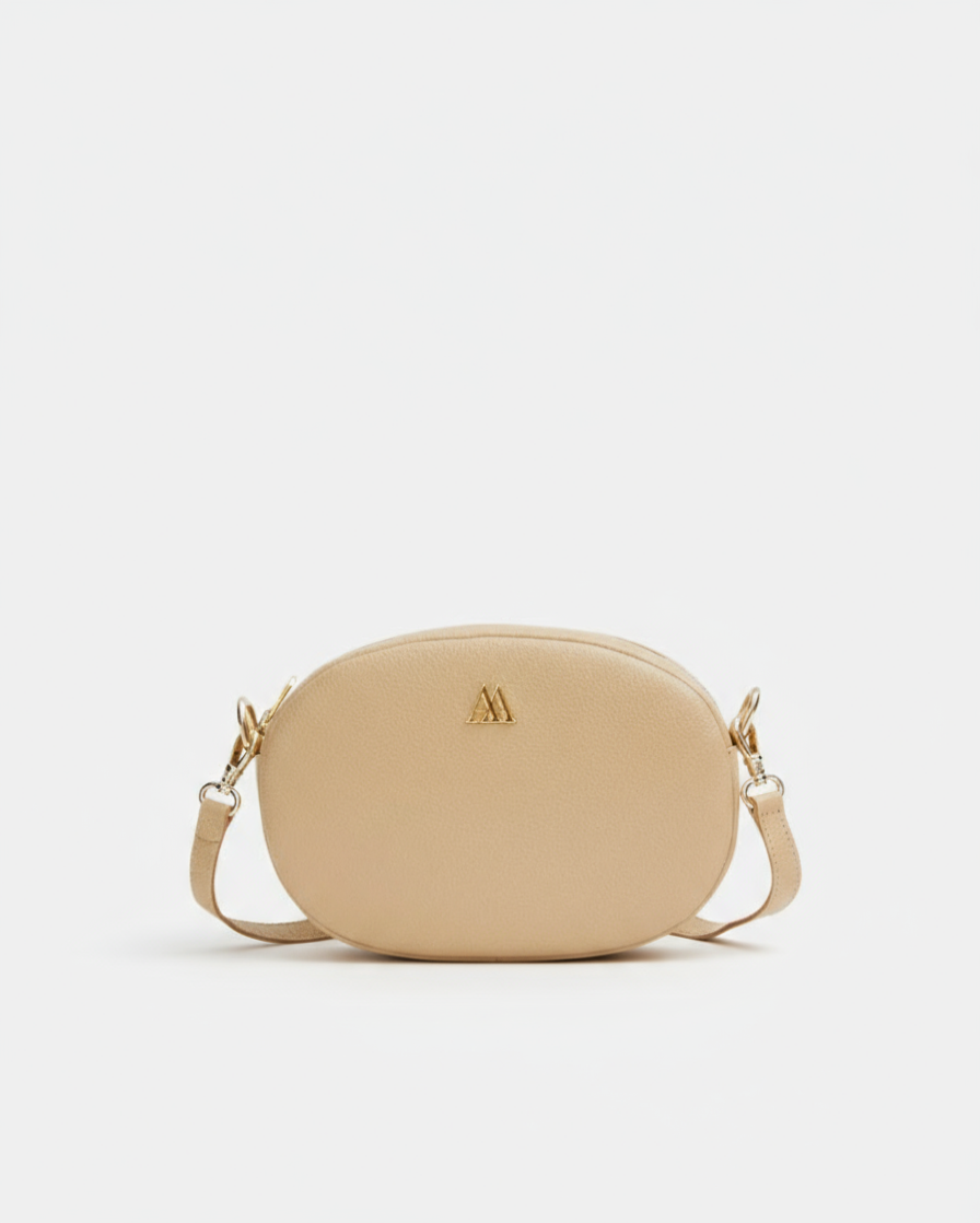 Olivia Oval Bag, Beige Leather