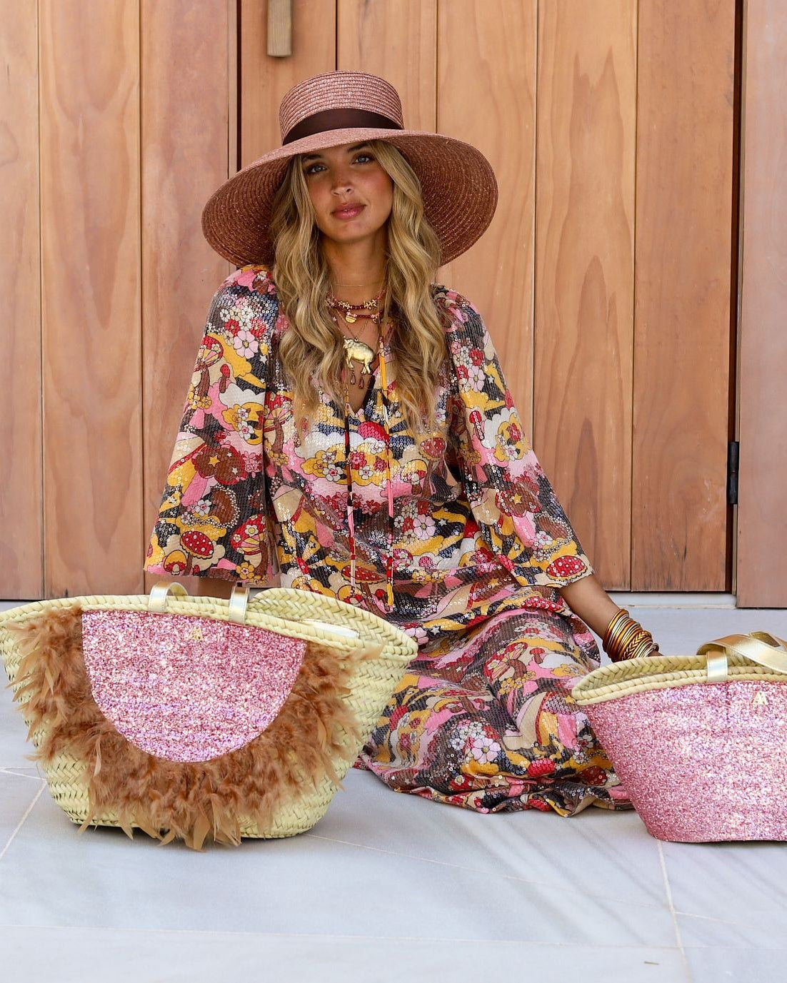 Medium Pink Glitter Hat with Feathers by Cris Mata