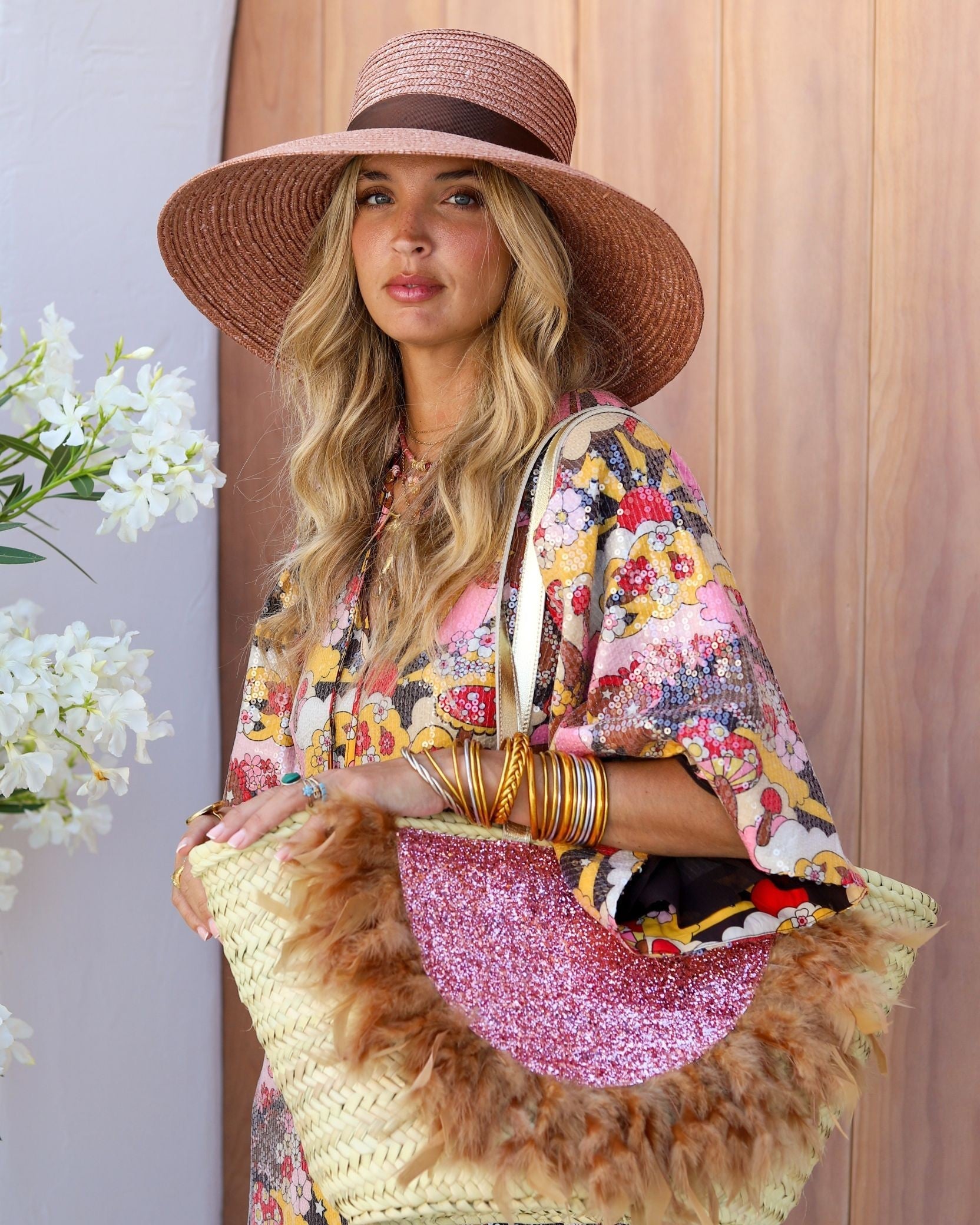 Medium Pink Glitter Hat with Feathers by Cris Mata