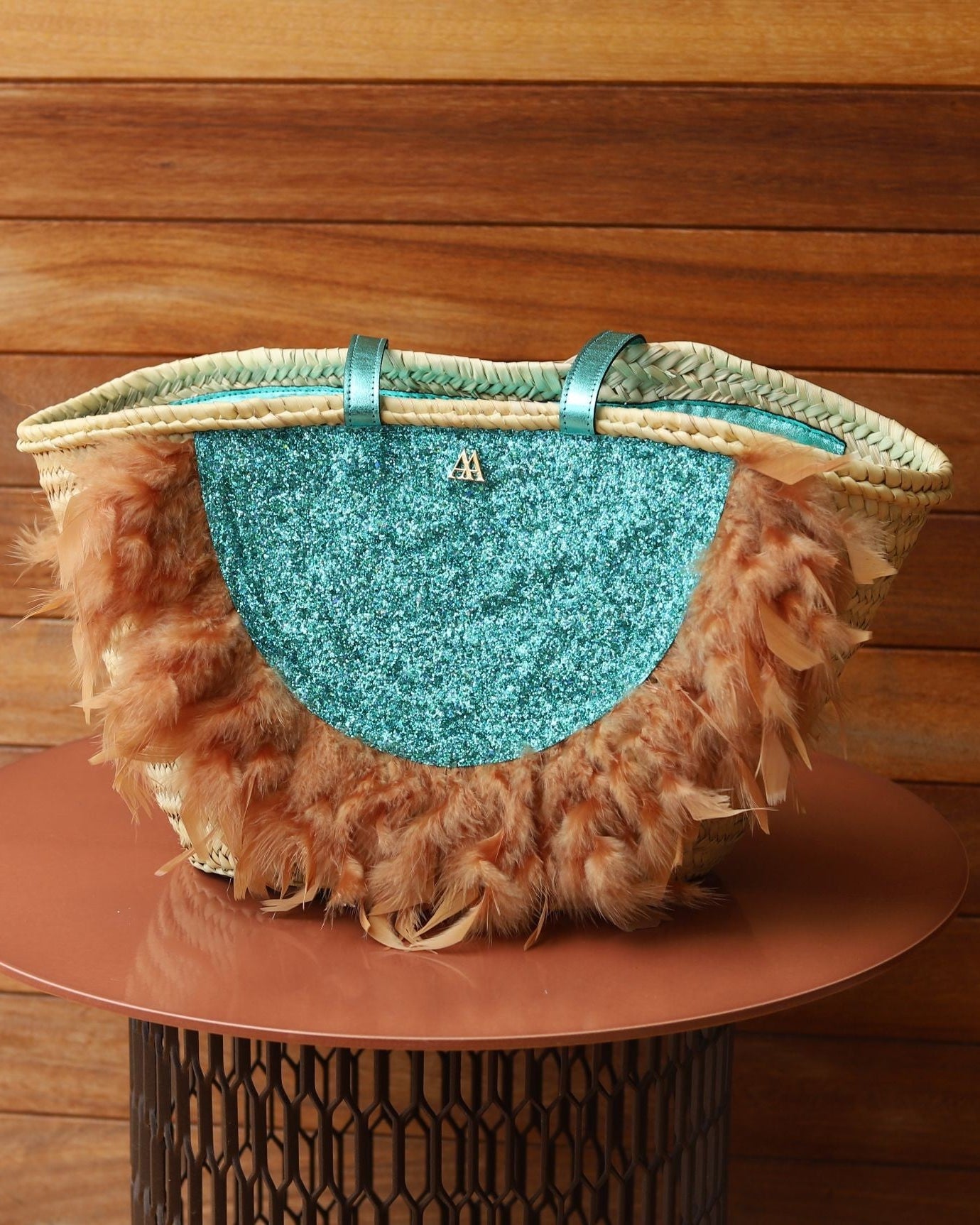 Medium Turquoise Glitter Straw Hat with Feathers by Cris Mata