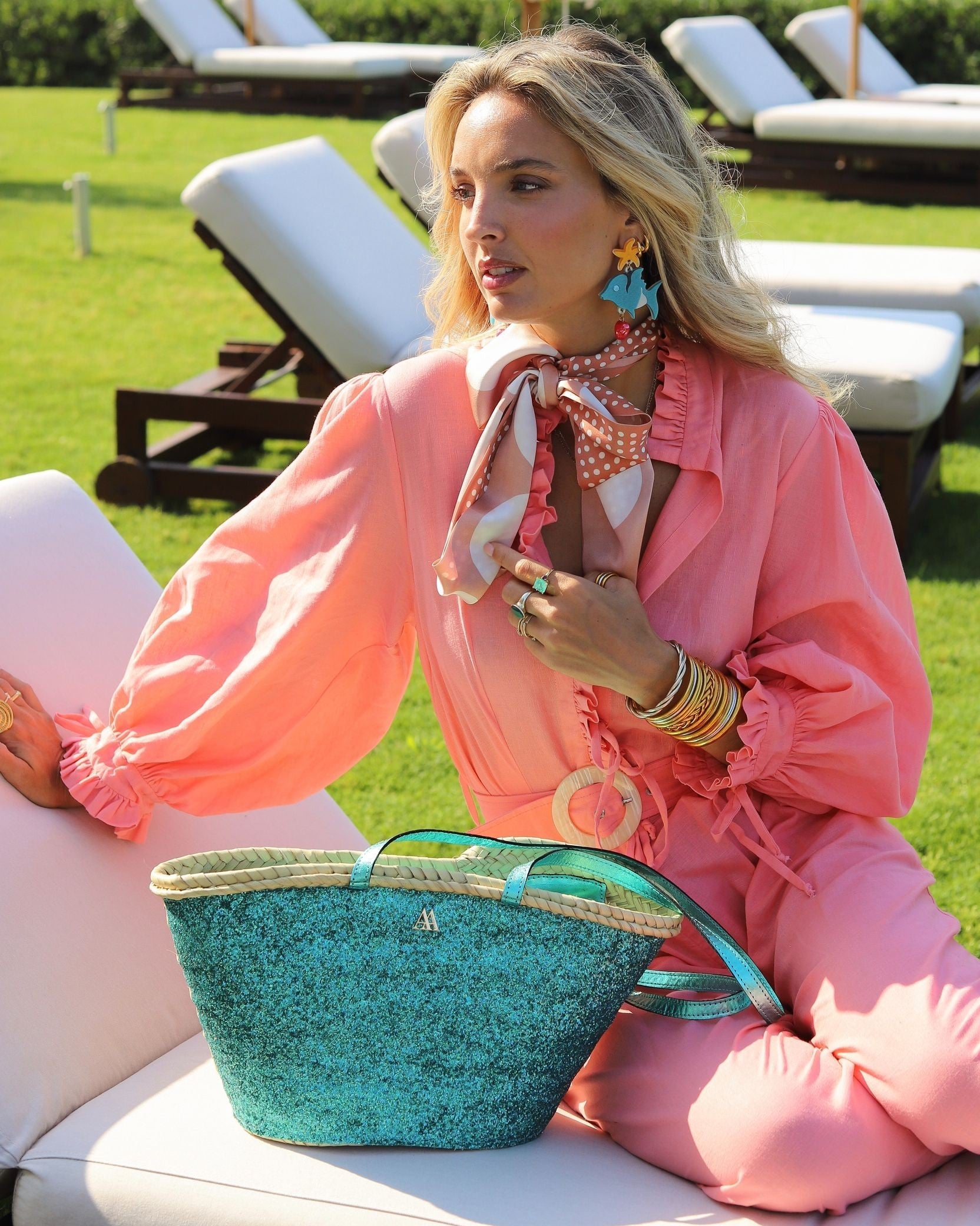 Small Turquoise Glitter Beach Bag by Cris Mata