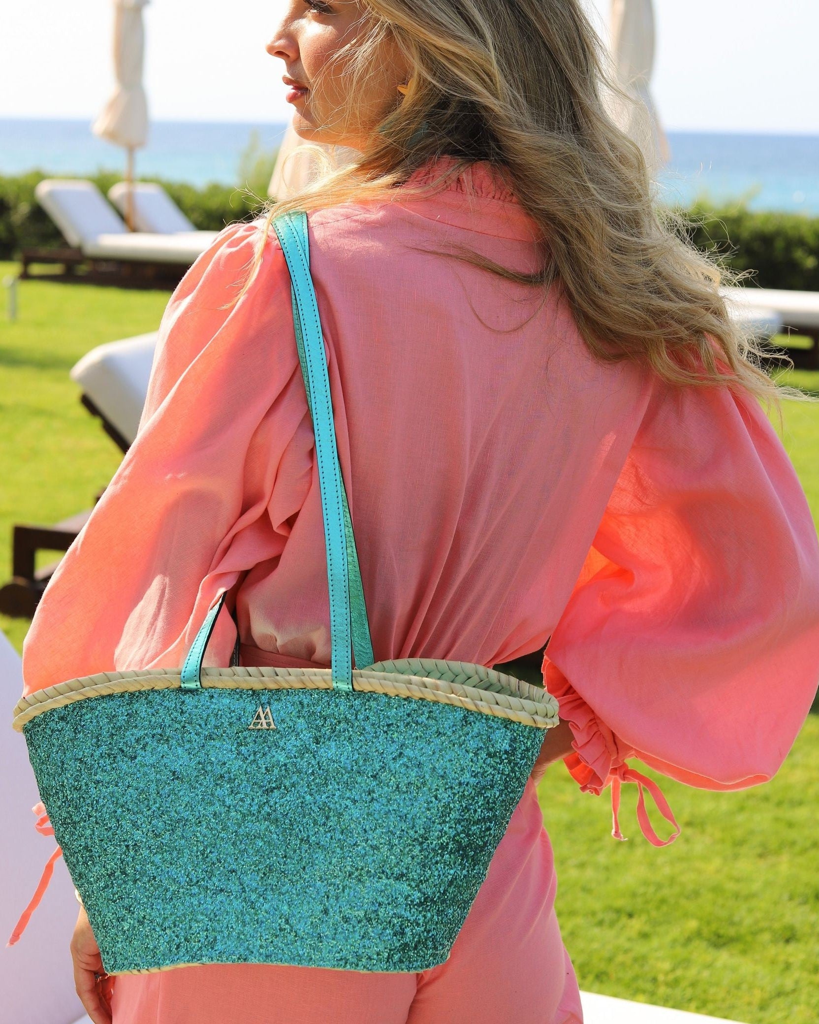 Small Turquoise Glitter Beach Bag by Cris Mata