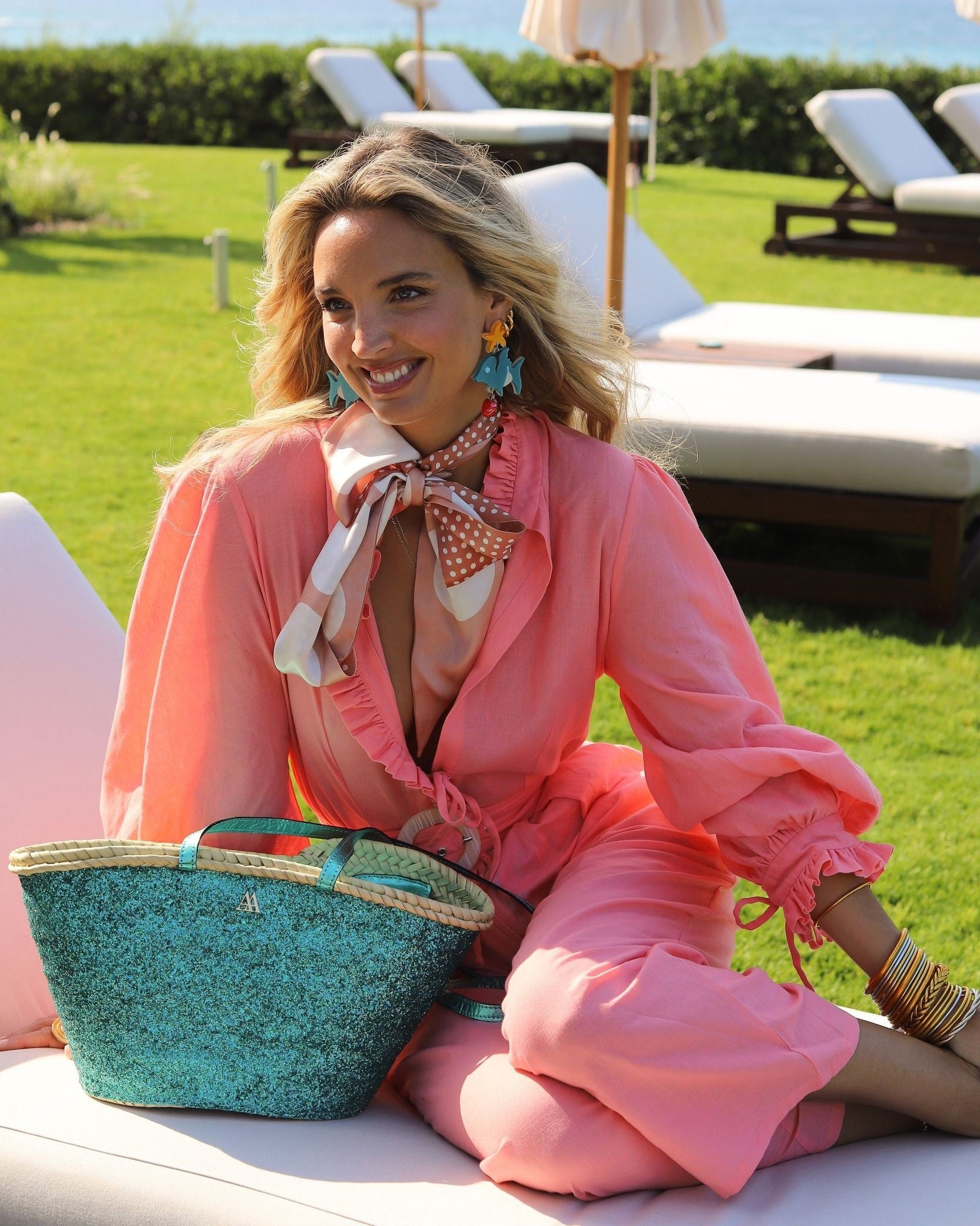 Small Turquoise Glitter Beach Bag by Cris Mata