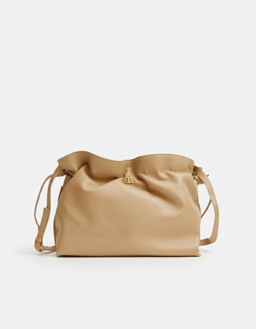 Fátima Ruched Leather Bag, Beige