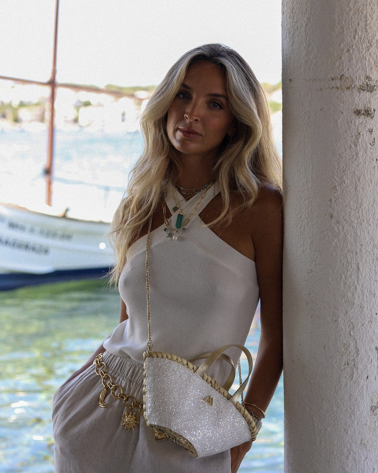 Mini White Glitter Beach Bag by Cris Mata