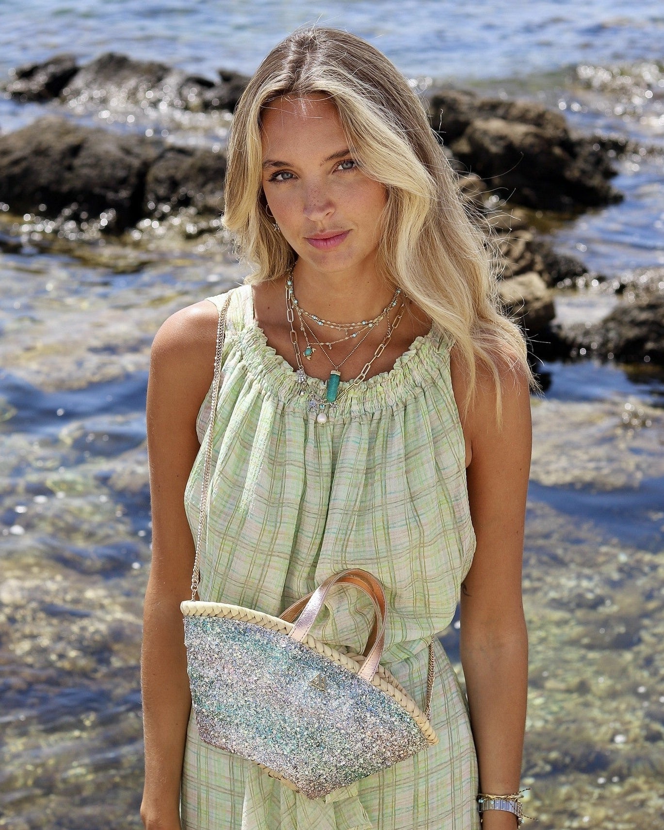 Mini Green Iridescent Glitter Beach Bag by Cris Mata