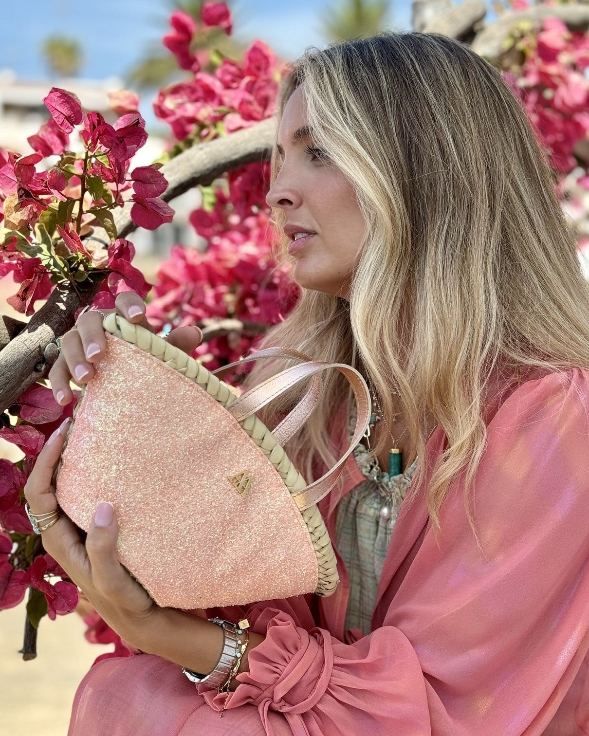 Mini Salmon Glitter Beach Bag by Cris Mata