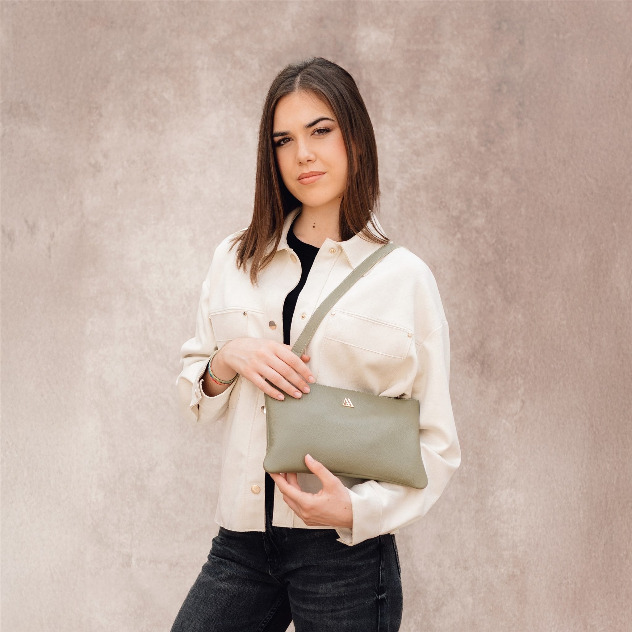 Catalina Bolso Clutch Piel Verde Kaki