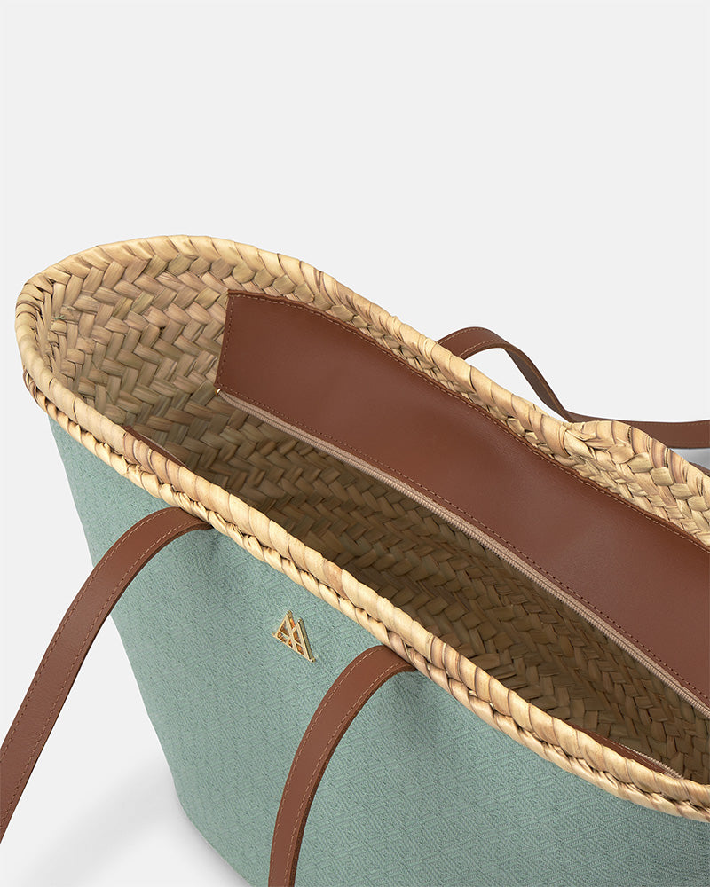 Carlota Leather Straw Bag, Navy Blue
