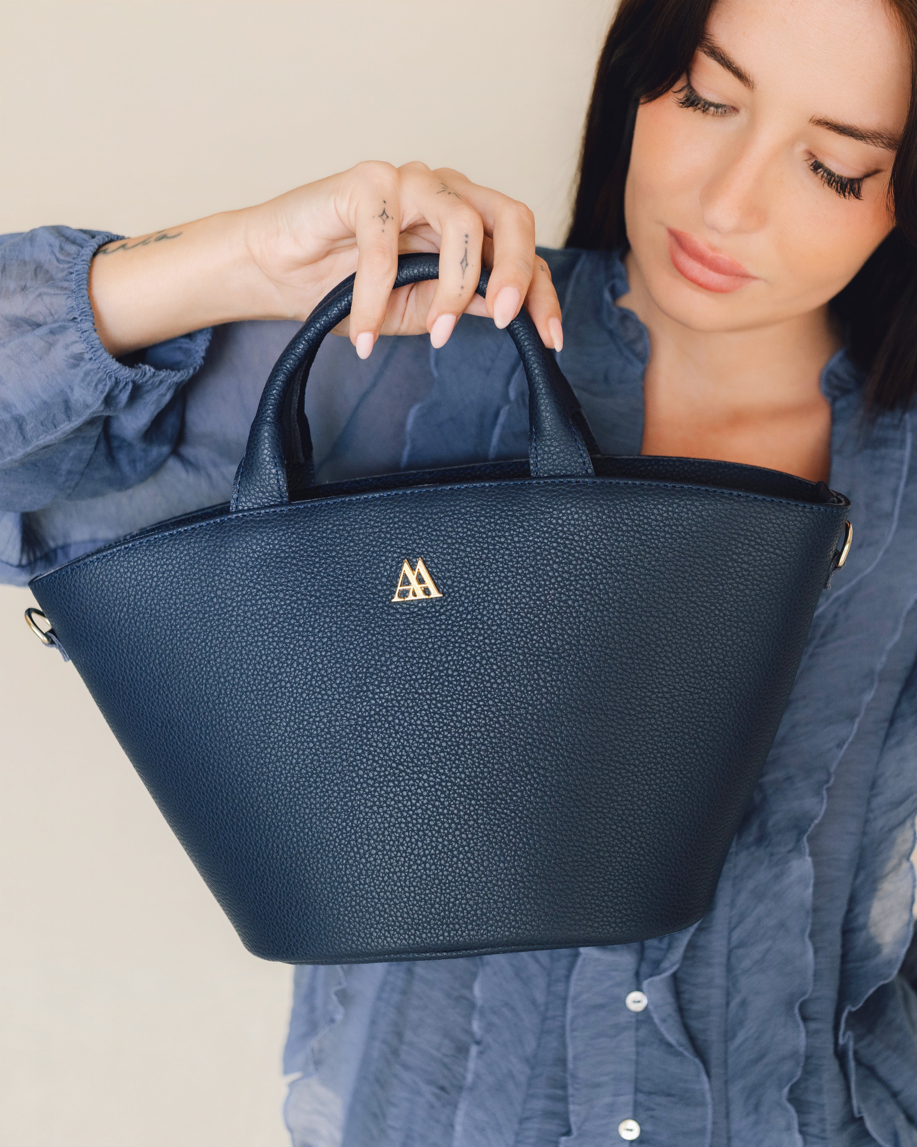 Carlota Leather Straw Bag, Navy Blue