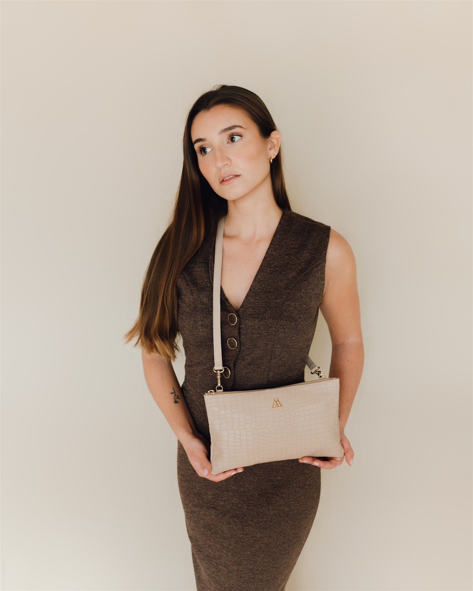Catalina Beige Leather Clutch Bag