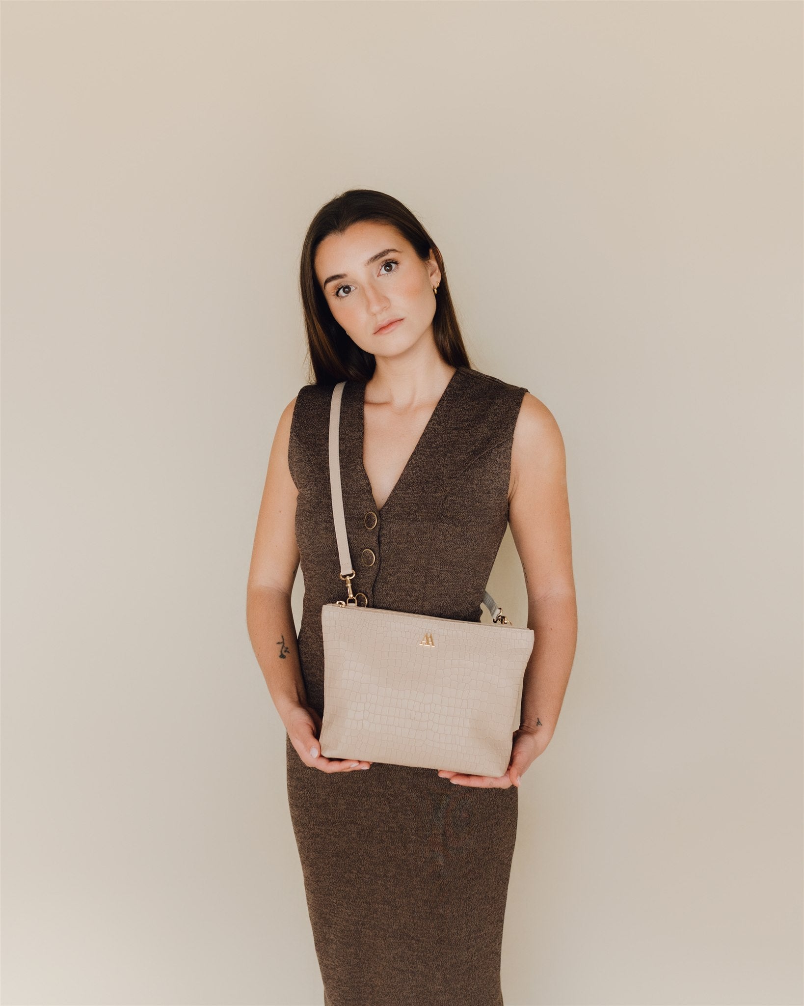Manola Beige Leather Clutch Bag