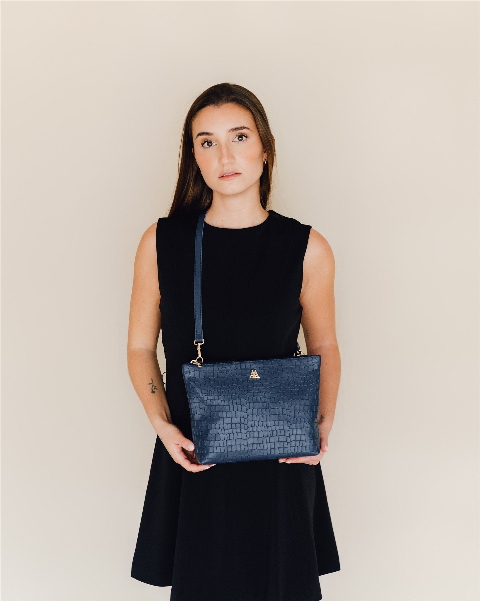 Manola Clutch Bag, Navy Blue Leather
